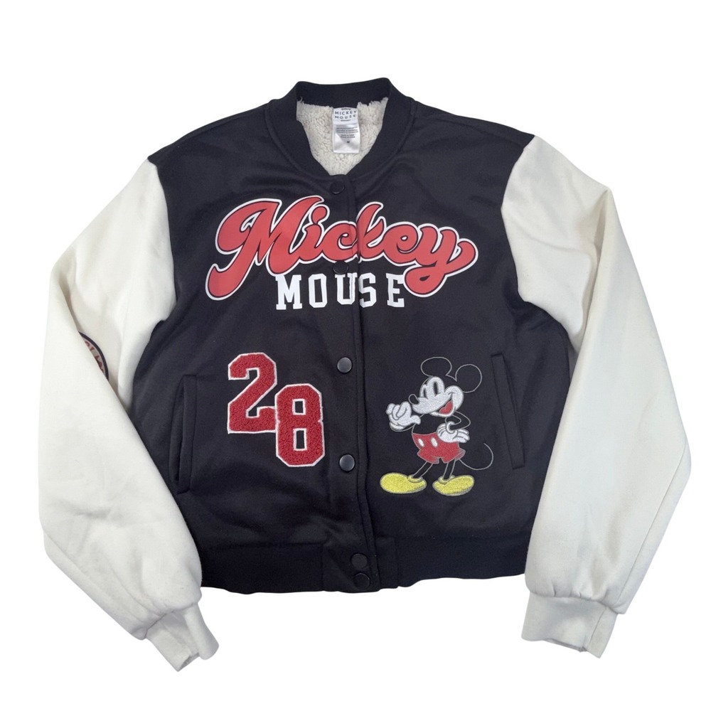 Disney Mickey Mouse Varsity Bomber Jacket Womens M Black White Sherpa Disneycore